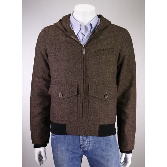 La Merde Brown Herringbone Hooded Bomber Jacket Coat Men's Medium - Picture 2 of 9